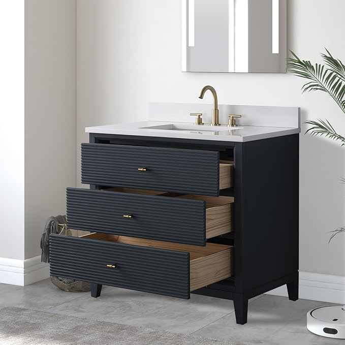 Vanity Art 36" Bathroom Vanity with Single Sink & Arabescato White Engineered Stone Top, Soft Closing Door, Solid Wood Frame, Golden Brushed Handles, Vintage Spruce Blue VA8136-VSB-GB