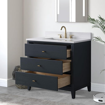 Vanity Art 36" Bathroom Vanity with Single Sink & Arabescato White Engineered Stone Top, Soft Closing Door, Solid Wood Frame, Golden Brushed Handles, Vintage Spruce Blue VA8136-VSB-GB