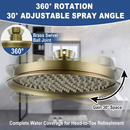 Antique Brass Finish Rain Shower Head, 9 Inch Round Rainfall Showerhead Made of 304 Stainless Steel Vintage High Pressure Waterfall Shower Heads with Silicone Nozzle
