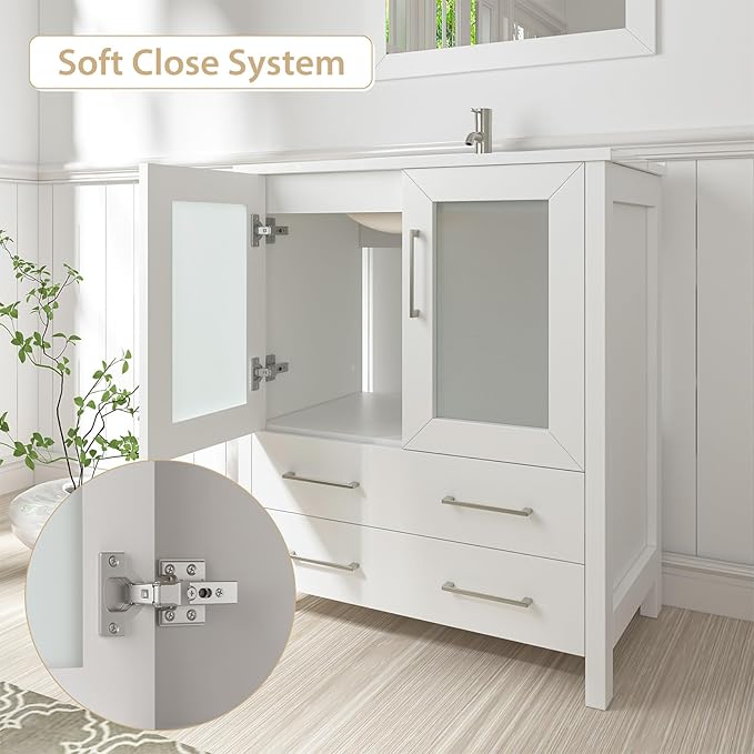 Vanity Art 84 Inch Under Mount Double Sink Bathroom Vanity Cabinet with 2 Mirrors, Ceramic Top Bathroom Cabinet Compact Set with 10 Dovetail Storage Drawers and Brushed Nickel Handles, VA3030-84-W