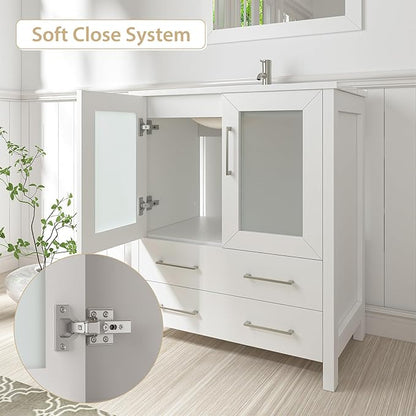 Vanity Art 84 Inch Under Mount Double Sink Bathroom Vanity Cabinet with 2 Mirrors, Ceramic Top Bathroom Cabinet Compact Set with 10 Dovetail Storage Drawers and Brushed Nickel Handles, VA3030-84-W