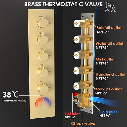 Enga Thermostatic Shower System with Body Jets, 20-Inch LED Rainfall Mist Waterfall Luxury Multi Function Rain Shower Faucet Set, All Functions Can Operate Simultaneously, Brushed Gold