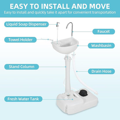 YITAMOTOR Portable Sink 17L Camping Hand Washing Station with Wash Basin Stand and Carry Bag, Wheels, Towel Holder, Soap Dispenser, for Outdoor, Travel, Boat, Gather, Worksite, Garden