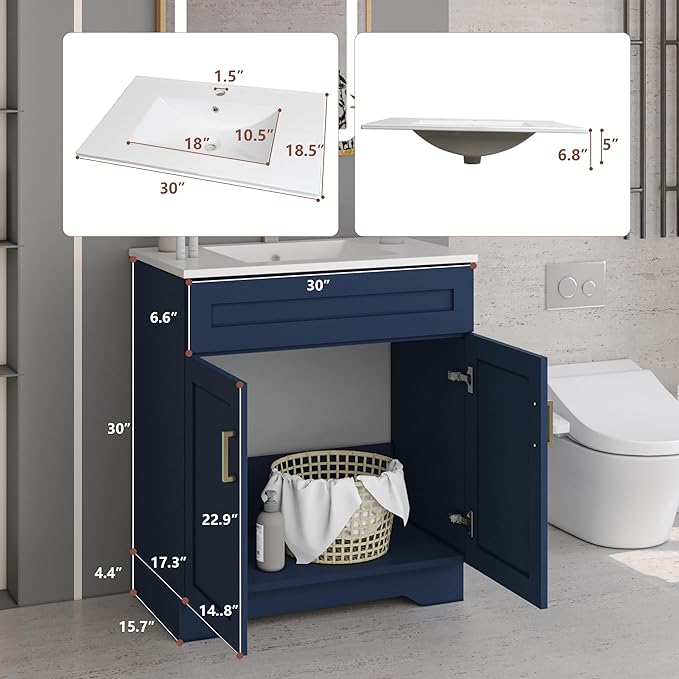 Bathroom 30" Vanity with Ceramic Sink, Wooden Double Door Bathroom Storage Cabinet, Freestanding Cabinet Vanity with Sink (Paint, Blue,30")