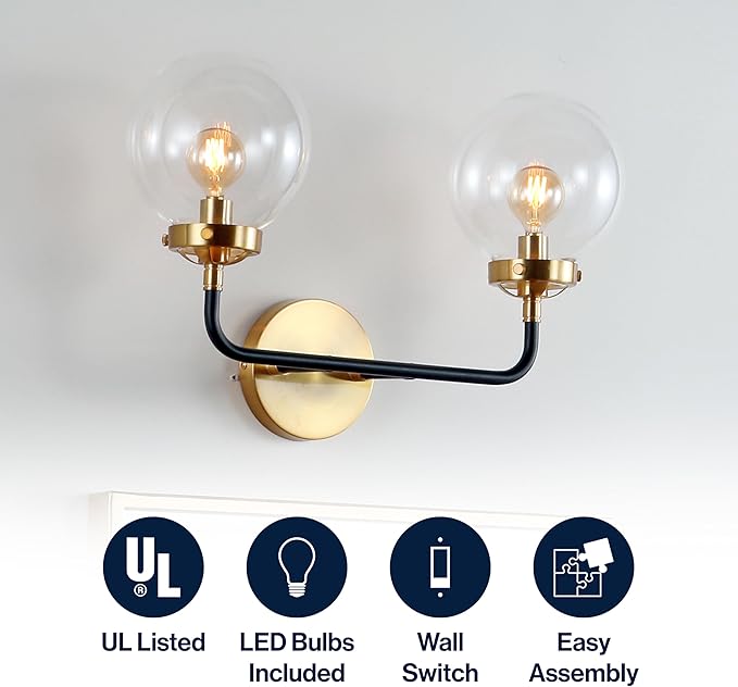 JONATHAN Y 18" Black/Brass Gold 2-Light LED Wall Sconce Vanity Lighting, Clear Glass Globe Shade Modern Contemporary Sconce for Bathroom Mirror, Hallway, UL Listed (JYL9010A)