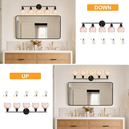 Bathroom Light Fixtures, 5-Light Brushed Black Vanity Lights for Bathroom with Pink Tulip Glass Shade, 30" Vintage Bathroom Vanity Lighting Fixtures Over Mirror for Bedroom Living Room Hallway