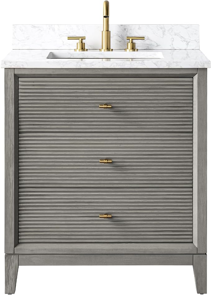 Vanity Art 30" Bathroom Vanity with Single Sink & Arabescato White Engineered Stone Top, Vanity Cabinet with Soft Closing Door, Solid Wood Frame, Golden Brushed Handles, Driftwood Gray VA8130-DG-GB