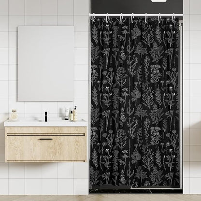 Coxila Vintage Floral Shower Curtain 36x72 Inch Stall Half Mini Size Stand up Standing Black Flower Retro Rustic Farmhouse Plant Country Boho Cute Wildflower Bathroom Polyester Fabric 7 Pack Hooks