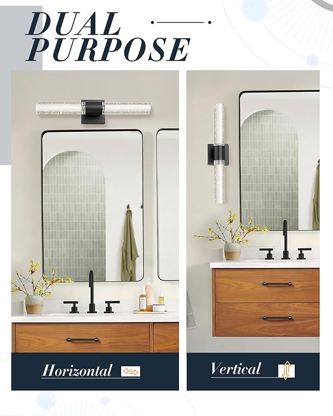 Bathroom Light Fixtures, HWH LED Vanity Lights Over Mirror 11W with Crystal Bubble Glass, Black Vanity Lamp Bar Indoor Wall Sconce Light, 3000K/4000K/5000K Dimmable, 5HW76B-LED BK