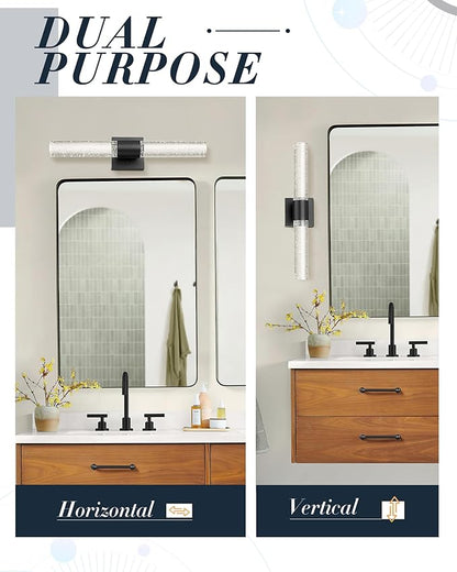 Bathroom Light Fixtures, HWH LED Vanity Lights Over Mirror 11W with Crystal Bubble Glass, Black Vanity Lamp Bar Indoor Wall Sconce Light, 3000K/4000K/5000K Dimmable, 5HW76B-LED BK