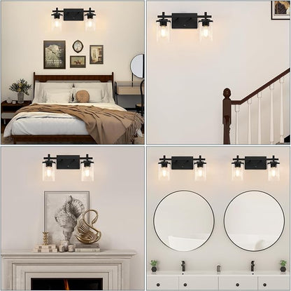 2-Lights Bathroom Vanity Lights, Matte Black Vanity Light Fixtures Over Mirror, Modern Wall Sconces with Clear Glass Shade, Wall Light Fixture for Bedroom Hallway Living Room