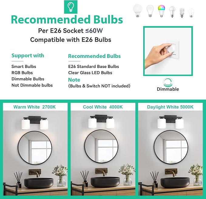 Honesorn Bathroom Light Fixtures Black, 2-Light Vanity Lights Over Mirror | Modern Bathroom Vanity Light with Milky White Frosted Shades, Wall Mounted Bathroom Lights, E26 Socket (Bulbs Not Included)