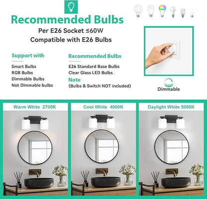 Honesorn Bathroom Light Fixtures Black, 2-Light Vanity Lights Over Mirror | Modern Bathroom Vanity Light with Milky White Frosted Shades, Wall Mounted Bathroom Lights, E26 Socket (Bulbs Not Included)