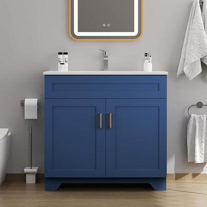 Bathroom 36" Vanity with Ceramic Sink, Wooden Double Door Bathroom Storage Cabinet, Freestanding Cabinet Vanity with Sink (Paint, Blue,36")