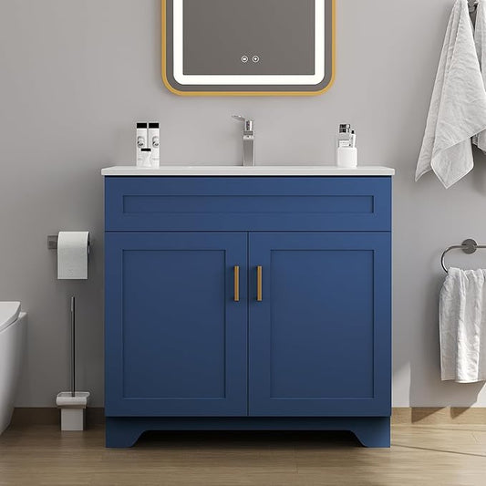 Bathroom 36" Vanity with Ceramic Sink, Wooden Double Door Bathroom Storage Cabinet, Freestanding Cabinet Vanity with Sink (Paint, Blue,36")