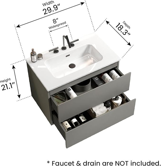 30" Bathroom Vanity with Sink, Modern Floating Vanity with Double Soft Closing Drawers, Large Storage for Small Space, Space Gray, Fully Assembled - Iris Collection