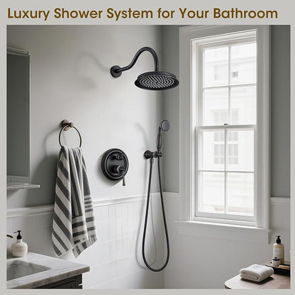 Rain Shower Head with Handheld Spray, Rainfall Shower System with Rough-in Valve, Shower Faucet Set, 9 Inch Luxury Shower Trim Kit Wall Mount, Oil Rubbed Bronze