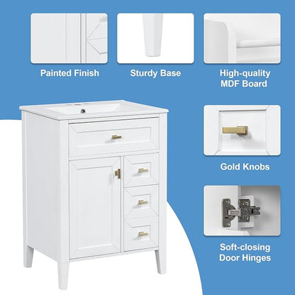 Merax 24 Inch Bathroom Vanities with Undermount Ceramic Sink, Tip-Over Drawer and Side Drawers, Soft Closing Door with Shelf, Solid Wood Frame, White