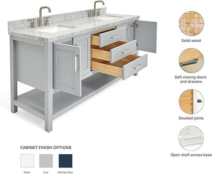 ARIEL 73" Grey Double Bathroom Vanity with 1.5" Edge Italian Carrara Marble Countertop & Splash, Rectangular Sinks, 4 Soft Closing Doors, 3 Dovetail Full Extensions Drawers, Brushed Nickel