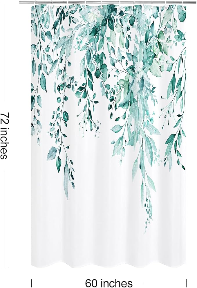 Teal Eucalyptus Shower Curtain, Watercolor Floral Print, 60x72 | Watercolor Plant Leaves Floral Print, Stall Waterproof Fabric Bathroom Decor, Machine Washable, Rustproof Grommets