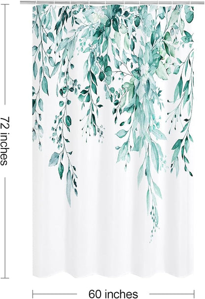 Teal Eucalyptus Shower Curtain, Watercolor Floral Print, 60x72 | Watercolor Plant Leaves Floral Print, Stall Waterproof Fabric Bathroom Decor, Machine Washable, Rustproof Grommets