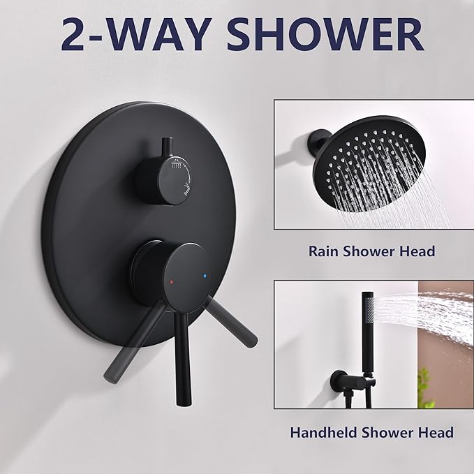 Shower System, All Metal Black Shower Faucet Set, Matte Black | 8" Rainfall Shower Head and Handheld Spray Combo, Round Shower Head and Handle Set with Valve and Trim Kit