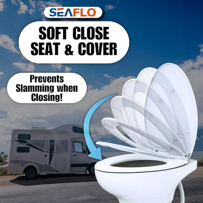 SEAFLO Residential Height Camper/RV Toilet with Elongated Ceramic Bowl, 19” Standard Height, Gravity Flush System, Foot Pedal Operation, Soft Close Seat, 4-Year Warranty