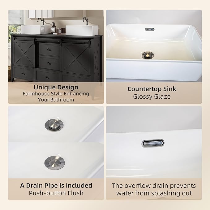 VNN Bathroom Vanity with Sink - 60 Inch Bathroom Vanity Double Sink Ceramic, Freestanding Cabinet with 2 Farmhouse Sliding Barn Doors and 5 Drawers, Space-Saving Storage Cabinet, Black Wood Grain