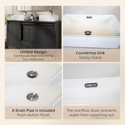 VNN Bathroom Vanity with Sink - 60 Inch Bathroom Vanity Double Sink Ceramic, Freestanding Cabinet with 2 Farmhouse Sliding Barn Doors and 5 Drawers, Space-Saving Storage Cabinet, Black Wood Grain
