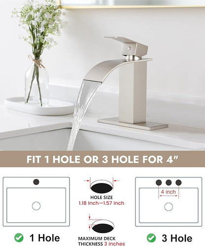 Midanya Bathroom Faucet with Waterfall Spout, Single Hole or 3-Hole Deck Mount, 304 Stainless Steel Sink Faucet with Pop-Up Drain, RV Vanity Compatible,Brushed Nickel
