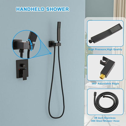 Black Shower Head Faucet - Lordear 8 Inch Wall Mounted Rain Shower System Set, Matte Black Stainless Steel Square Rainfall Shower Head with Handheld, Brass Valve Included