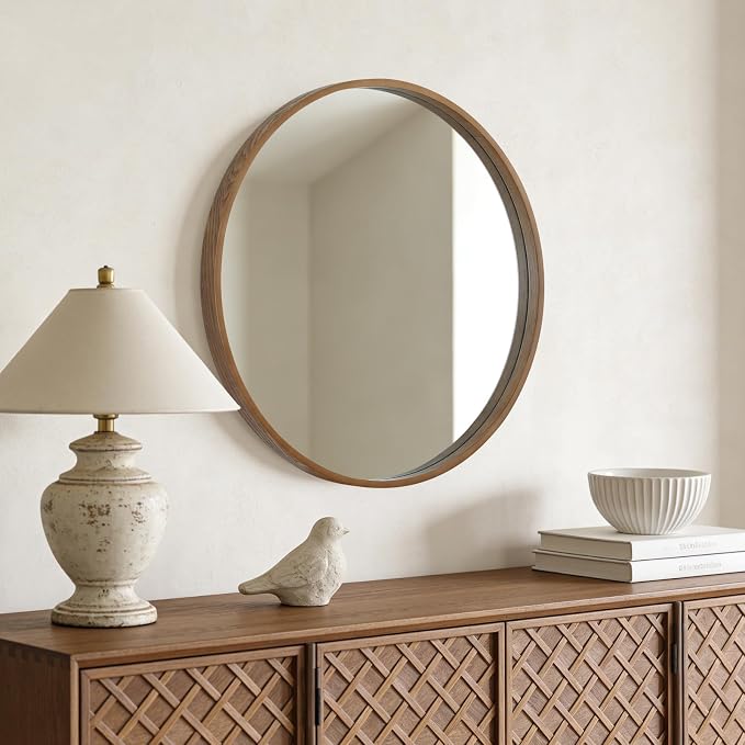 Circle Mirror with Wood Frame, 28" Round Modern Decoration Large Home Decor Mirror for Bathroom Living Room Bedroom Entryway (28" Diameter, Walnut)