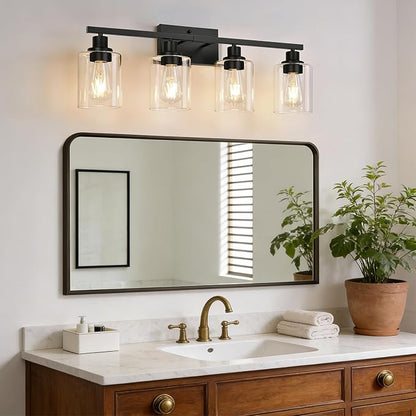4-Light Bathroom Light Fixtures, Vanity Light with Clear Glass Shades, Matte Black Bathroom Light Fixtures Over Mirror, Modern Bathroom Wall Lamp for Mirror Living Room Cabinet Bedroom