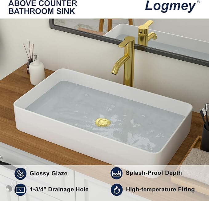 Logmey 24" Bathroom Sink Dorp in 24x14 Large White Vessel Sink for Bathroom Porcelain Rectangule Ceramic Modern Countertop Above Counter Bathroom Vanity Sink Art Basin