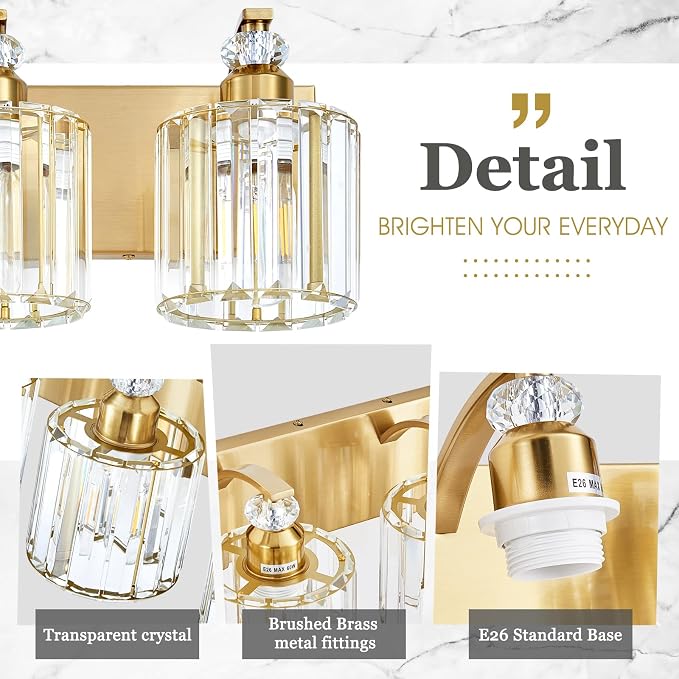 5-Lights Brushed Brass Bathroom Light Fixture Gold Vanity Lights Modern Crystal Bathroom Vanity Lighting Over Mirror Wall Sconce with K9 Crystal Shade E26 Base for Living Room, Bedroom Wall Lamp