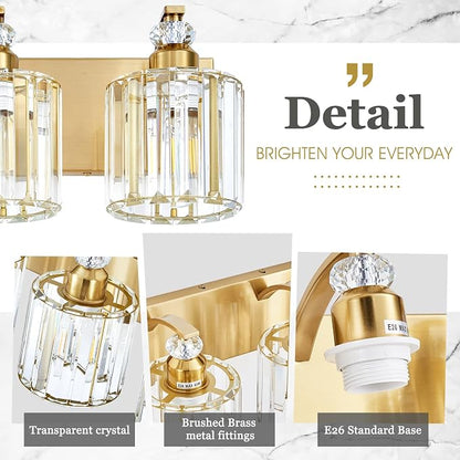 4-Lights Brushed Brass Bathroom Light Fixture Gold Vanity Lights Modern Crystal Bathroom Vanity Lighting Over Mirror Wall Sconce with K9 Crystal Shade E26 Base for Living Room, Bedroom Wall Lamp