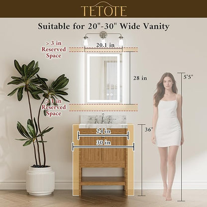 TETOTE LED Bathroom Mirror 20 x 28 Inch Brighter Light up Mirror for Bathroom Vanity, Front and Backlit Lighted Anti-Fog Wall Mirror with Lights, 3-Color Dimmable, Waterproof, Tempered Glass