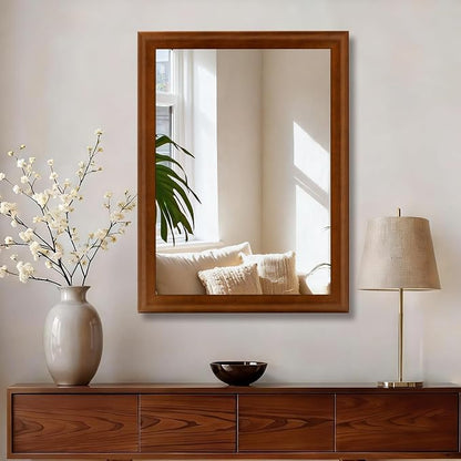 Wood Grain Finish Bathroom Mirrors for Wall 24 x 36 Inch, Brown | Rustic Rectangle Mirrors with Tempered Glass for Living Room Bedroom Office or Entryway, Brown Frame