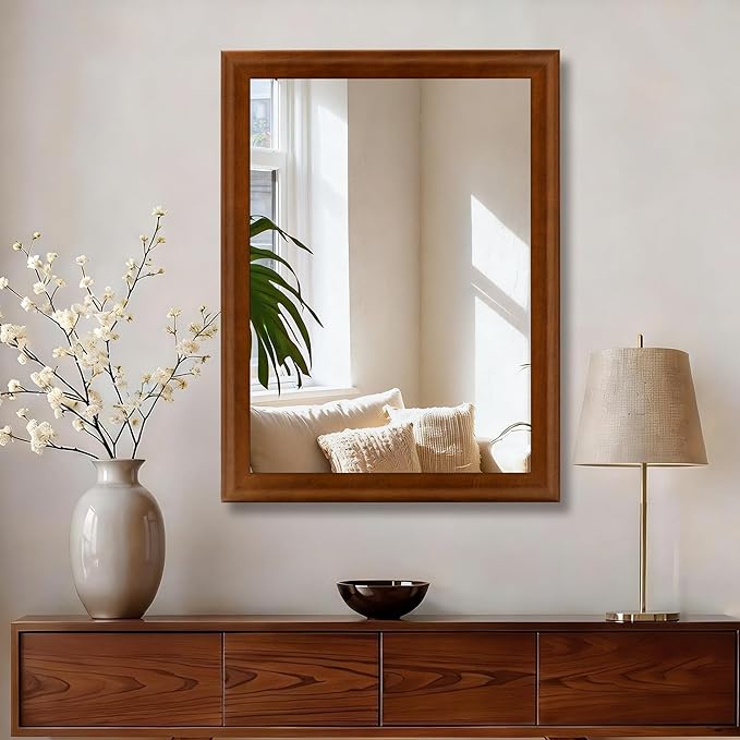 Tanmicoshomy Wood Bathroom Mirror 24 x 36 Inch, Solid Wood Framed Rectangle Mirrors with Shatter-Proof Glass for Living Room Bedroom Office or Entryway (Brown)
