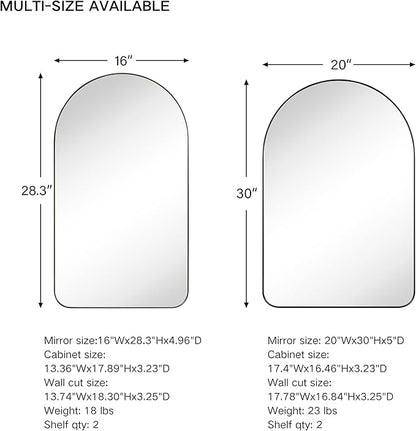 Matt Black Arched Recessed Bathroom Medicine Cabinet with Mirror Stainless Steel Metal Framed Rectangular Bathroom Cabinet with Mirror 20x30''