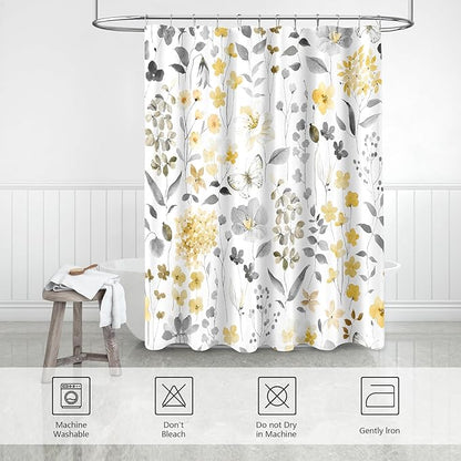 Small Stall Shower Curtain 36 x 72 Inch, Half Narrow Yellow Grey Floral Shower Curtain for Bathroom, Watercolor Flower Butterfly Fabric Shower Curtain Set with Hooks