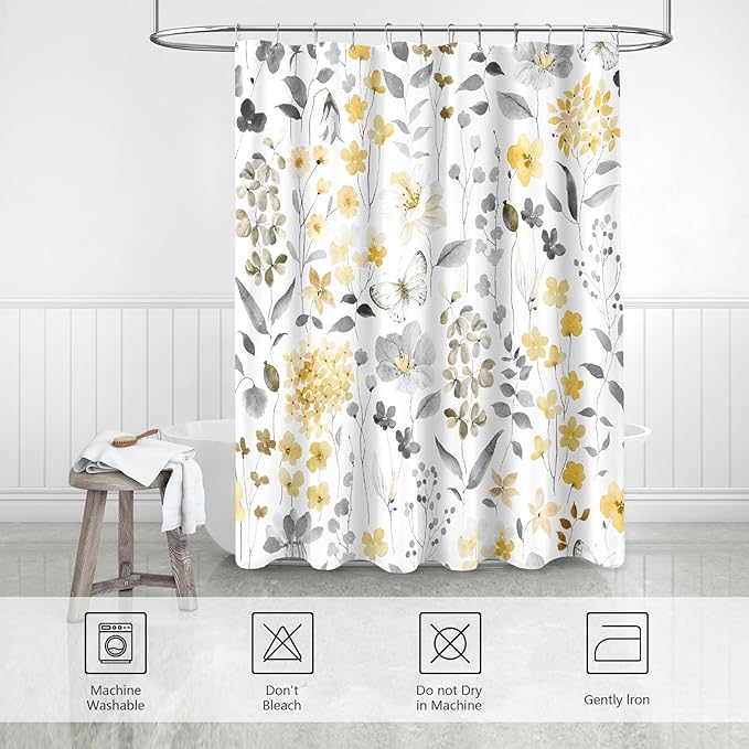 Long Shower Curtain 72 x 78 Inch, Tall Yellow Grey Floral Shower Curtain for Bathroom, Watercolor Flower Butterfly Fabric Shower Curtain Set with Hooks