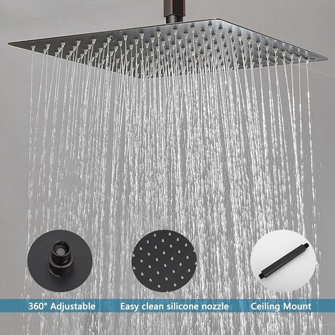12 Inch Ceiling Mount Oil Rubbed Bronze Shower System Bathroom Luxury Rain Mixer Shower Combo Set Ceiling Rainfall Shower Head System (Contain Shower Faucet Rough-in Valve Body and Trim Kit)