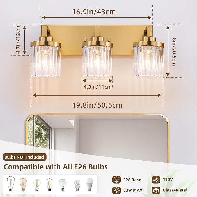 Modern 3-Light Gold Vanity Lights, Crystal Glass Bathroom Fixtures | Brushed Gold Finish, Rust-resistant Metal, Industrial Design, E26 Compatible, Over Mirror Wall Light for Bathroom Restroom
