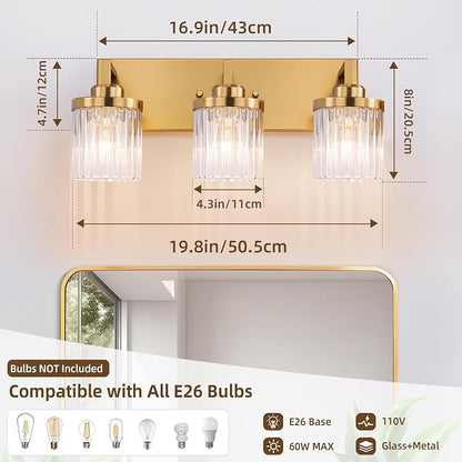 Modern 3-Light Gold Vanity Lights, Crystal Glass Bathroom Fixtures | Brushed Gold Finish, Rust-resistant Metal, Industrial Design, E26 Compatible, Over Mirror Wall Light for Bathroom Restroom