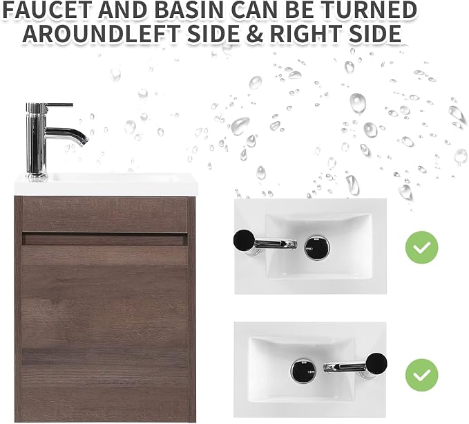 wonline 16” Bathroom Vanity Sink Combo for Small Space Wall Mounted Cabinet Set Design White Resin Basin Sink Top Chrome Faucet Wood Color
