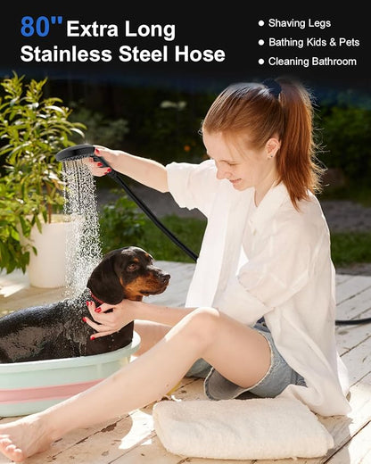 FASDUNT Shower Head with Handheld, High Pressure Showerhead with Hose Black | 80" Extra Long Stainless Steel Hose & Adjustable Bracket, Shower Heads with ON/OFF Switch for Pets Bath