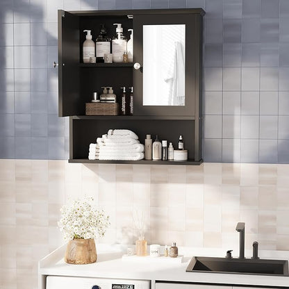 Bathroom Wall Cabinet with Mirror, Bathroom Mirror Cabinet Wall Mounted, Over Toilet Medicine Cabinets with Adjustable Shelf, Large Capacity, Black