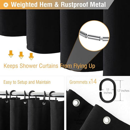 BTTN 84 Inch Wide Shower Curtain - W84xH72 Linen Textured Heavy Duty Fabric Cloth Shower Curtain Set with 14 Plastic Hooks, Large Hotel Simple Waterproof Polyester Bath Curtains for Bathroom - Black