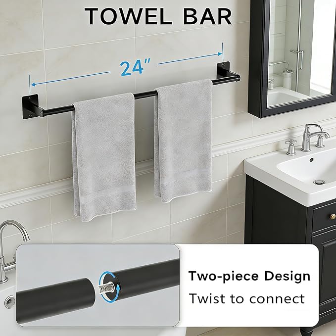 Matte Black Bathroom Accessories Set, 5 Pieces Bathroom Hardware Set, 24 inch Towel Bar, Towel Racks for Bathroom, Robe Towel Hooks, Toilet Paper Holder Wall Mounted